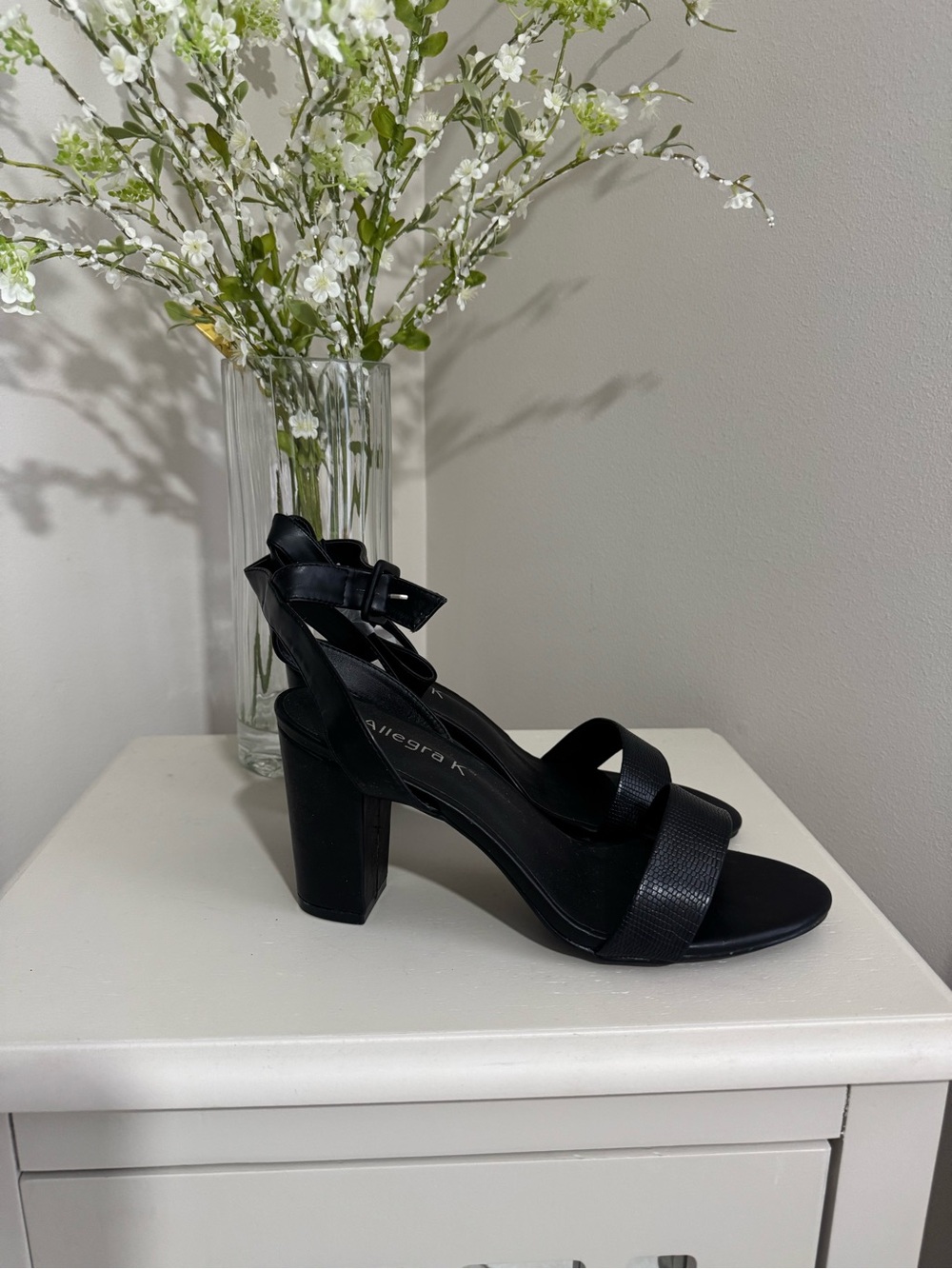 Allegra K Black Textured Block Heel Ankle Strap Sandals